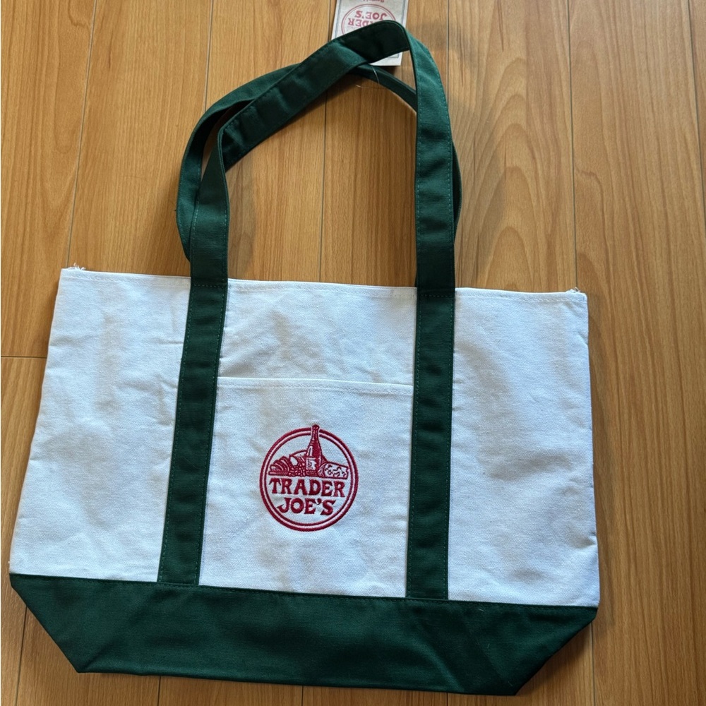 Trader Joe's Green and White Canvas Tote Bag